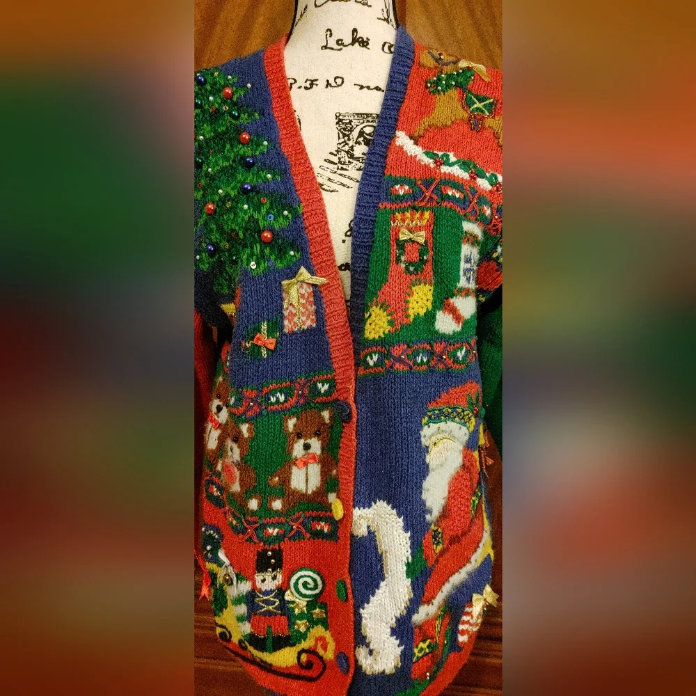 Marisa Christina Christmas sweater, red, royal blue, green, size PP - Picture 2 of 6